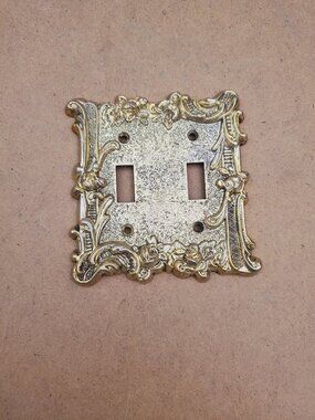 Double Light Switch Cover Plate Vintage 1960’s Silver/Gold and White Distressed